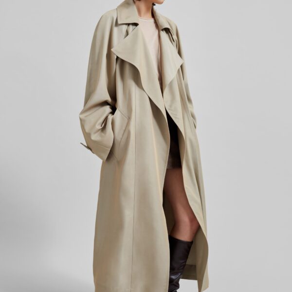 The Frankie Shop Astoria Cut-Out Raglan Sleeve Trench Coat - Beige - Oversized Minimalist Coats in Beige - Shop at Coveti