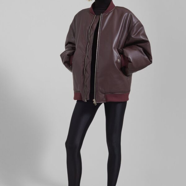 The Frankie Shop Astra Faux Leather Bomber Jacket - Burgundy - Oversized Minimalist Jackets in Red - Shop at Coveti