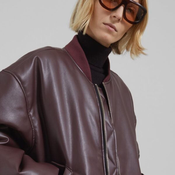 The Frankie Shop Astra Faux Leather Bomber Jacket - Burgundy - Oversized Minimalist Jackets in Red - Shop at Coveti