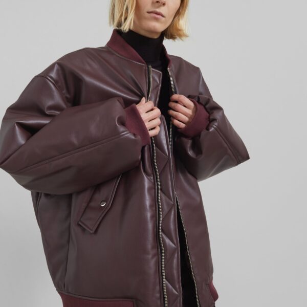 The Frankie Shop Astra Faux Leather Bomber Jacket - Burgundy - Oversized Minimalist Jackets in Red - Shop at Coveti