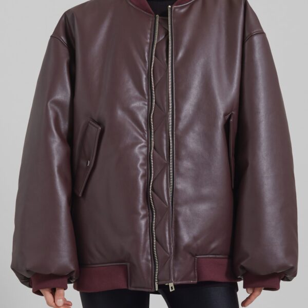 The Frankie Shop Astra Faux Leather Bomber Jacket - Burgundy - Oversized Minimalist Jackets in Red - Shop at Coveti