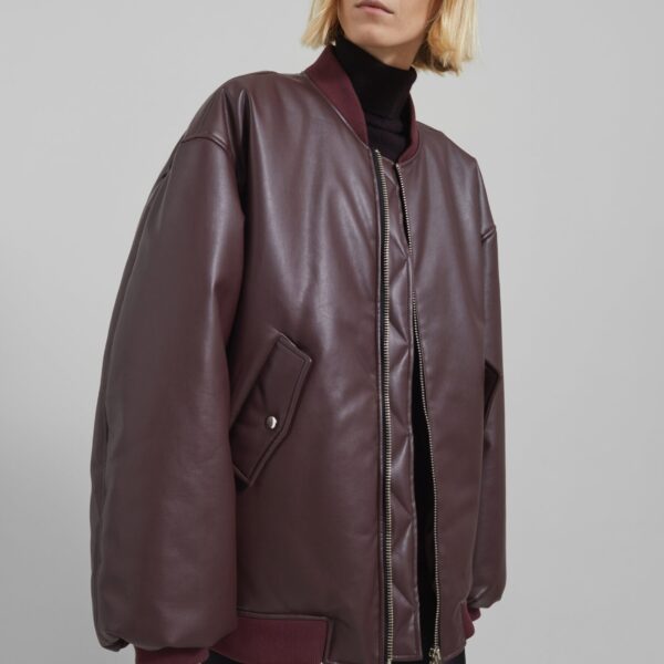 The Frankie Shop Astra Faux Leather Bomber Jacket - Burgundy - Oversized Minimalist Jackets in Red - Shop at Coveti