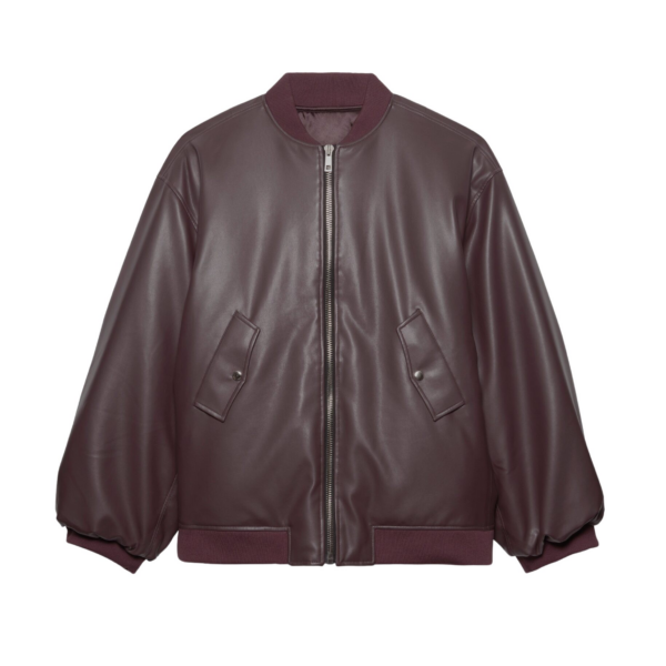 The Frankie Shop Astra Faux Leather Bomber Jacket - Burgundy - Oversized Minimalist Jackets in Red - Shop at Coveti