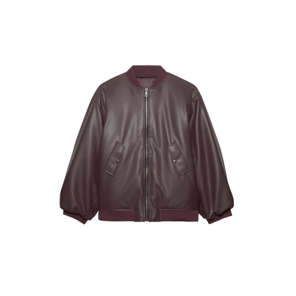 The Frankie Shop Astra Faux Leather Bomber Jacket - Burgundy - Oversized Minimalist Jackets in Red - Shop at Coveti