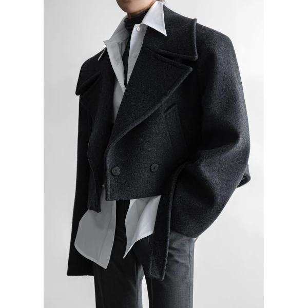 The Frankie Shop Aumale Cropped Wool Peacoat – Charcoal Coat, view 2