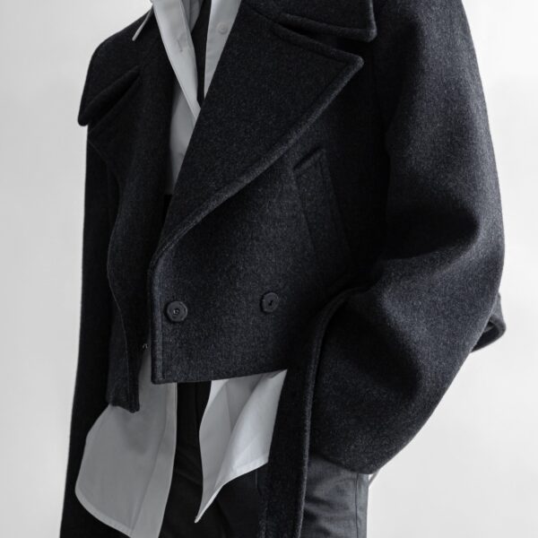 The Frankie Shop Aumale Cropped Wool Peacoat - Charcoal - Oversized Minimalist Coats in Grey - Shop at Coveti