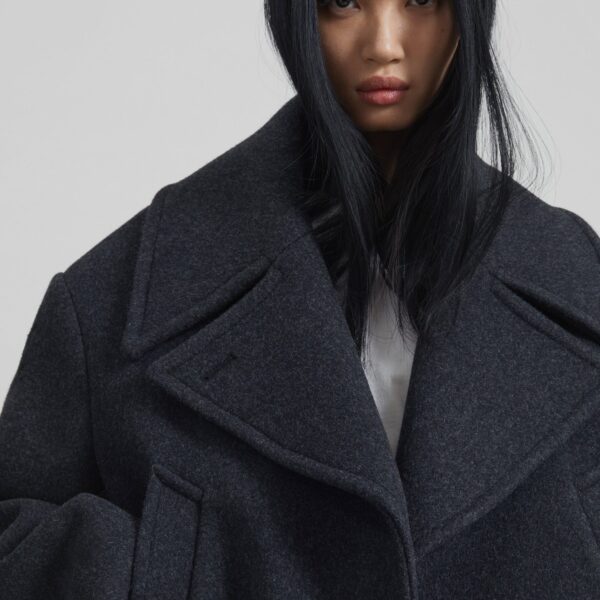 The Frankie Shop Aumale Cropped Wool Peacoat - Charcoal - Oversized Minimalist Coats in Grey - Shop at Coveti