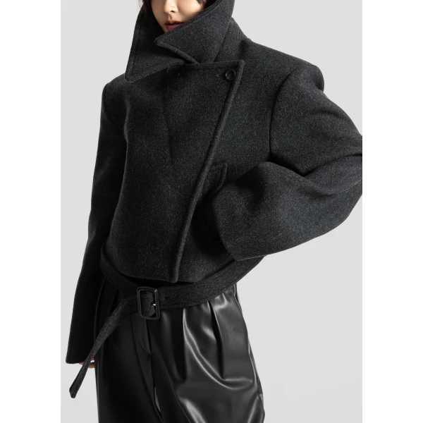 The Frankie Shop Aumale Cropped Wool Peacoat – Charcoal Coat, view 4