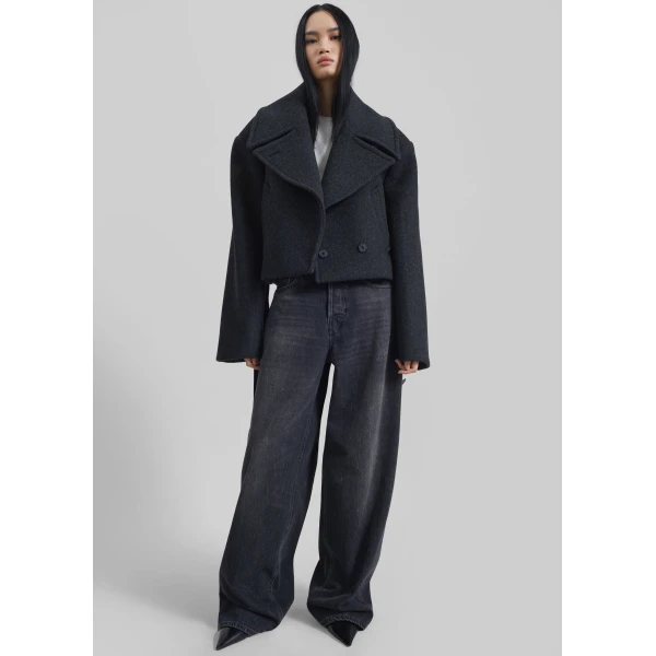 The Frankie Shop Aumale Cropped Wool Peacoat – Charcoal Coat, view 5