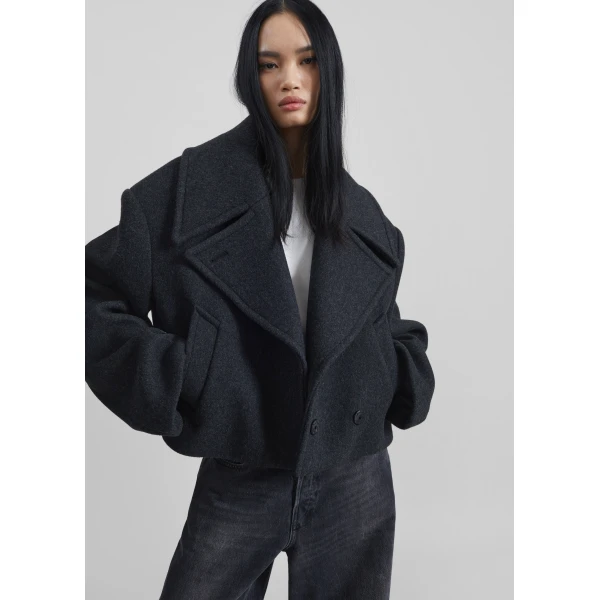 The Frankie Shop Aumale Cropped Wool Peacoat – Charcoal Coat, view 6