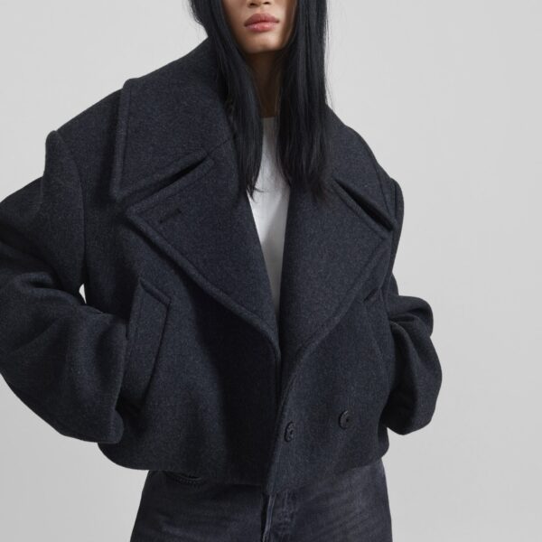 The Frankie Shop Aumale Cropped Wool Peacoat - Charcoal - Oversized Minimalist Coats in Grey - Shop at Coveti