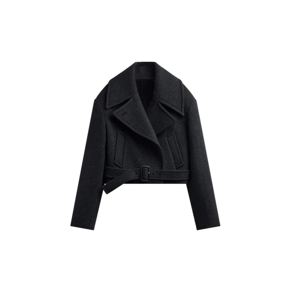 The Frankie Shop Aumale Cropped Wool Peacoat - Charcoal - Oversized Minimalist Coats in Grey - Shop at Coveti