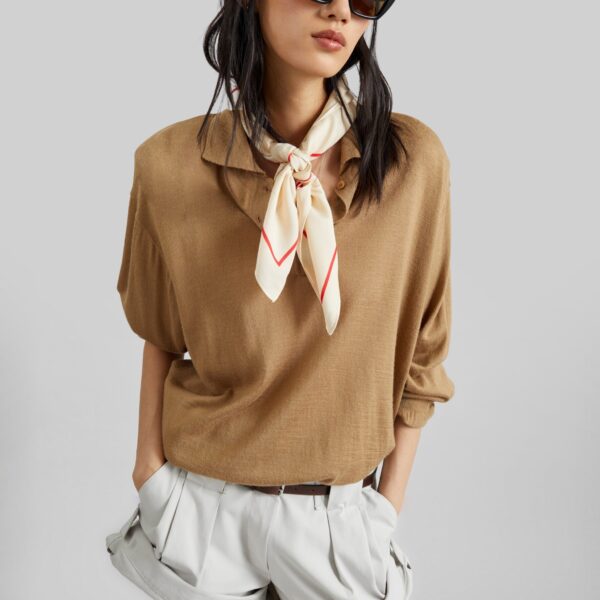 The Frankie Shop Avallon Padded Knit Polo - Camel - Oversized Minimalist Tops in Beige - Shop at Coveti