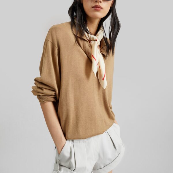 The Frankie Shop Avallon Padded Knit Polo - Camel - Oversized Minimalist Tops in Beige - Shop at Coveti