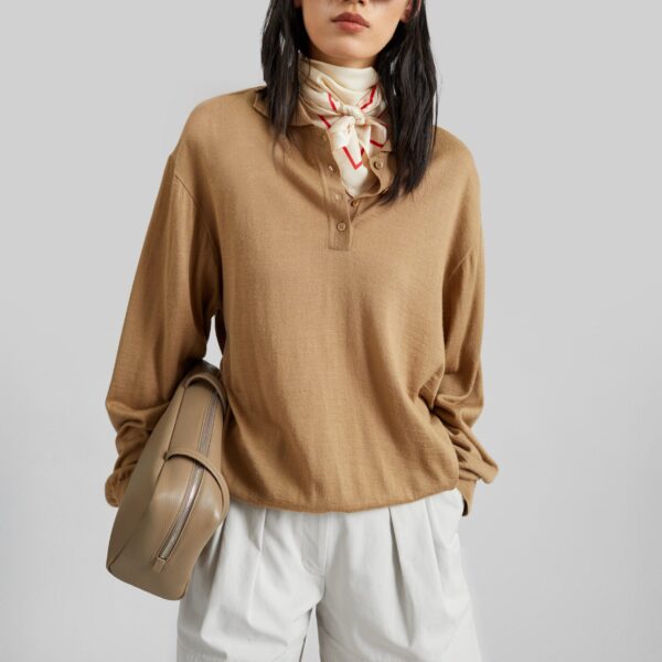 The Frankie Shop Avallon Padded Knit Polo - Camel - Oversized Minimalist Tops in Beige - Shop at Coveti