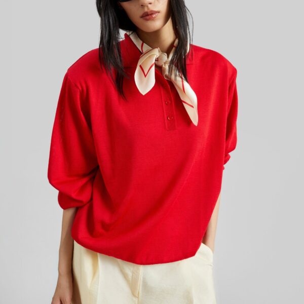 The Frankie Shop Avallon Padded Knit Polo - Red - Oversized Minimalist Tops in Red - Shop at Coveti