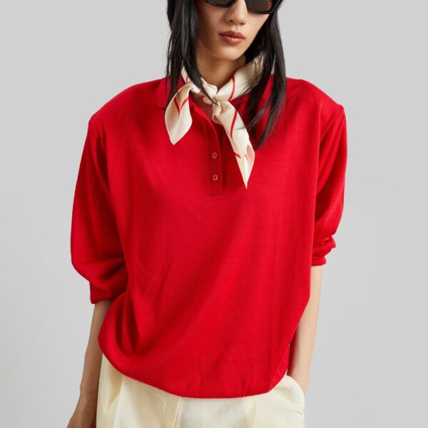 The Frankie Shop Avallon Padded Knit Polo - Red - Oversized Minimalist Tops in Red - Shop at Coveti