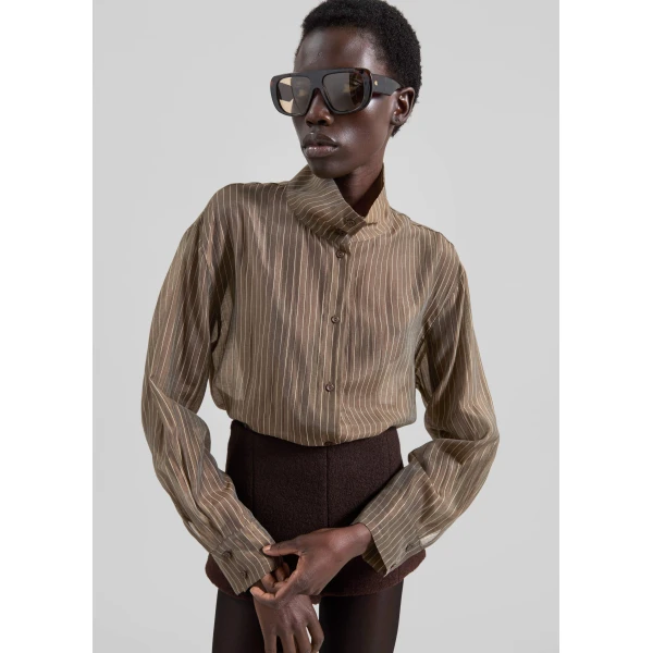 The Frankie Shop Avila Sheer Fluid Shirt – Brown/White Stripe, view 2