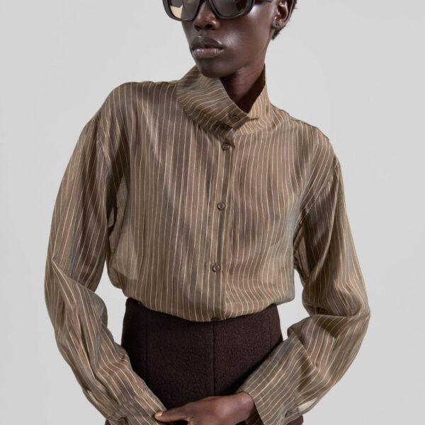 The Frankie Shop Avila Sheer Fluid Shirt - Brown/White Stripe - Oversized Minimalist Tops in Multicolour - Shop at Coveti
