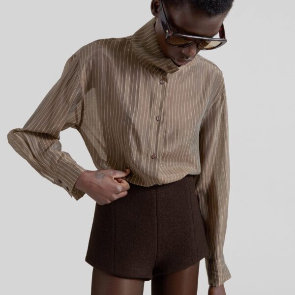 The Frankie Shop Avila Sheer Fluid Shirt - Brown/White Stripe - Oversized Minimalist Tops in Multicolour - Shop at Coveti