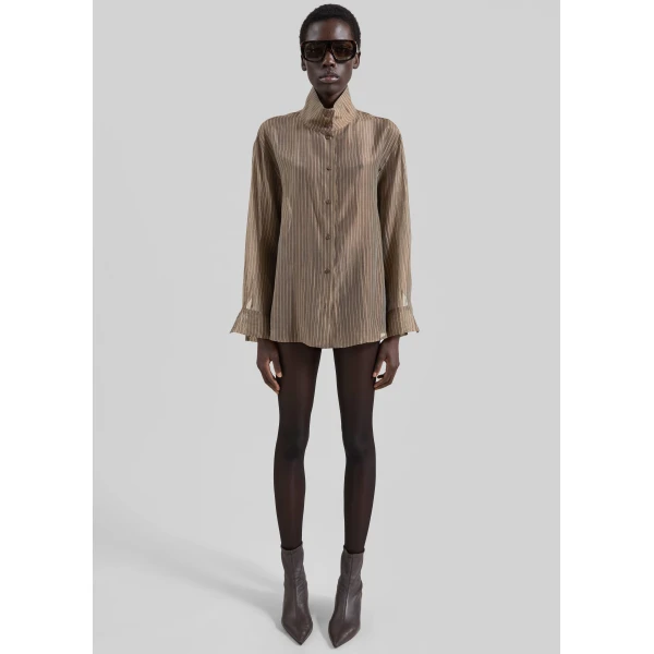 The Frankie Shop Avila Sheer Fluid Shirt – Brown/White Stripe, view 5