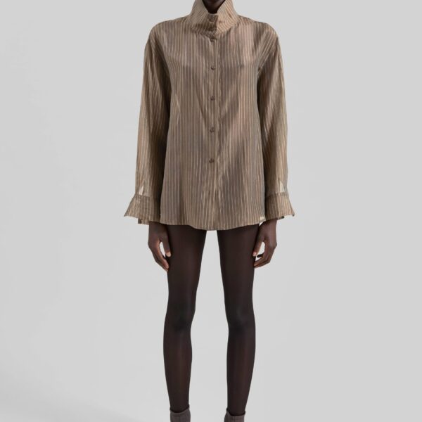 The Frankie Shop Avila Sheer Fluid Shirt - Brown/White Stripe - Oversized Minimalist Tops in Multicolour - Shop at Coveti