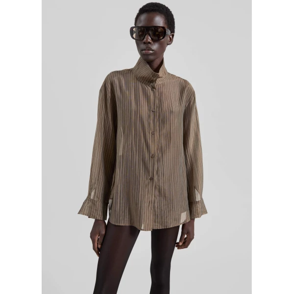 The Frankie Shop Avila Sheer Fluid Shirt – Brown/White Stripe, view 6