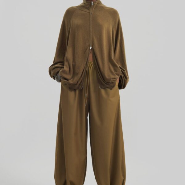 The Frankie Shop Baxe Knit Track Jacket - Dark Camel - Oversized Minimalist Jackets in Beige - Shop at Coveti