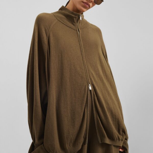 The Frankie Shop Baxe Knit Track Jacket - Dark Camel - Oversized Minimalist Jackets in Beige - Shop at Coveti