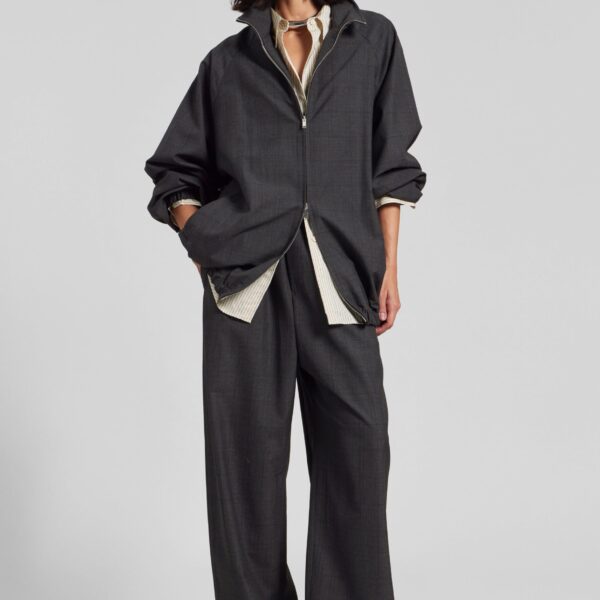 The Frankie Shop Baxter Plaid Track Jacket - Dark Grey - Oversized Minimalist Jackets in Grey - Shop at Coveti