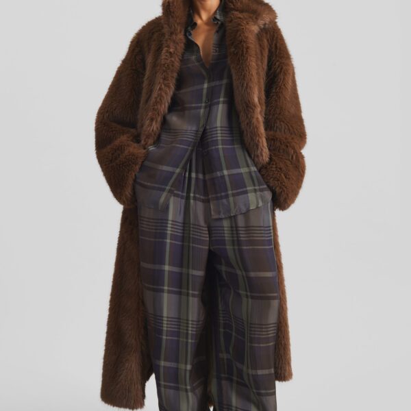 The Frankie Shop Baxter Sheer Fluid Track Pants - Navy Tartan - Oversized Minimalist Pants in Multicolour - Shop at Coveti