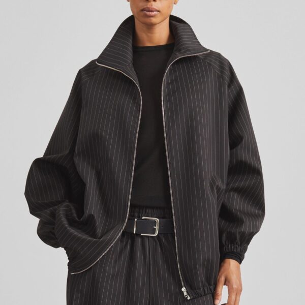 The Frankie Shop Baxter Track Jacket - Black/White Pinstripe - Oversized Minimalist Jackets in Multicolour - Shop at Coveti