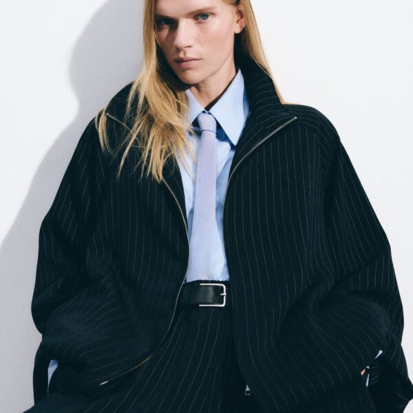 The Frankie Shop Baxter Track Jacket - Navy/White Pinstripe - Oversized Minimalist Jackets in Multicolour - Shop at Coveti