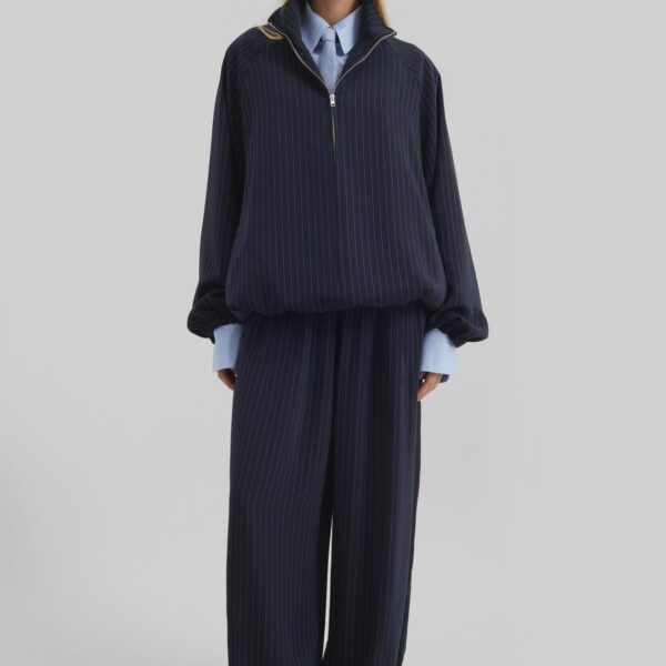 The Frankie Shop Baxter Track Jacket - Navy/White Pinstripe - Oversized Minimalist Jackets in Multicolour - Shop at Coveti