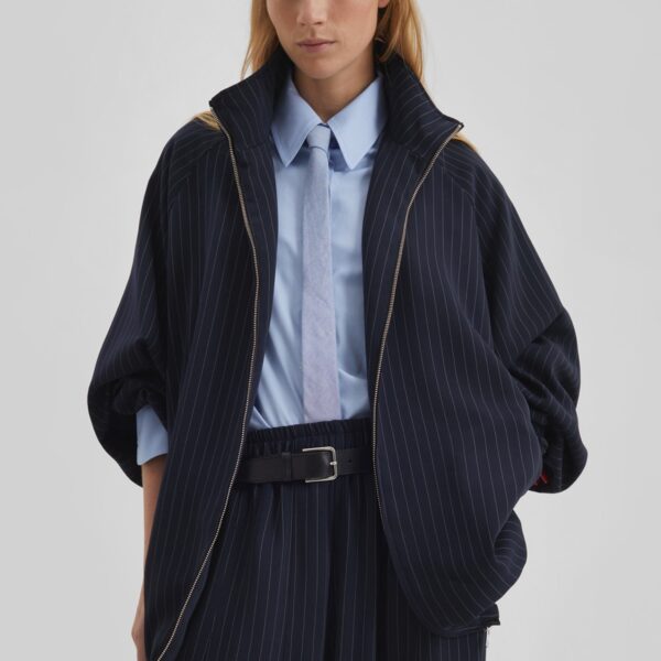 The Frankie Shop Baxter Track Jacket - Navy/White Pinstripe - Oversized Minimalist Jackets in Multicolour - Shop at Coveti