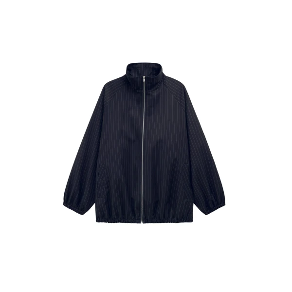 The Frankie Shop Baxter Track Jacket - Navy/White Pinstripe - Oversized Minimalist Jackets in Multicolour - Shop at Coveti