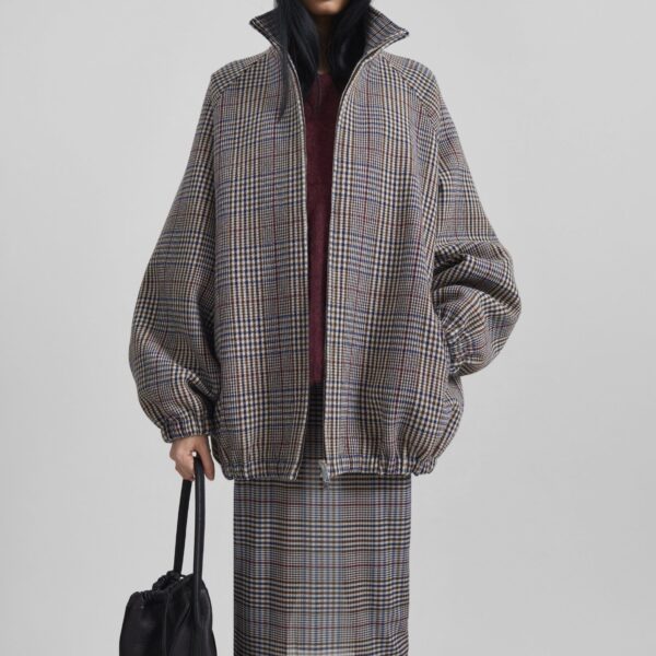 The Frankie Shop Baxter Wool Track Jacket - Beige Glen Plaid - Oversized Minimalist Jackets in Multicolour - Shop at Coveti