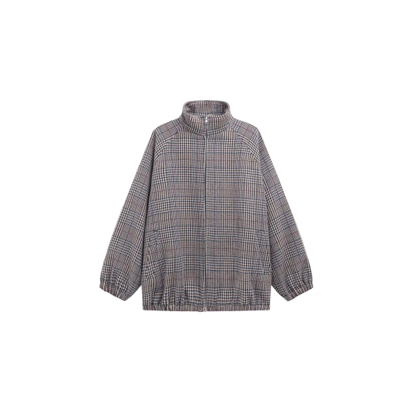 The Frankie Shop Baxter Wool Track Jacket - Beige Glen Plaid - Oversized Minimalist Jackets in Multicolour - Shop at Coveti