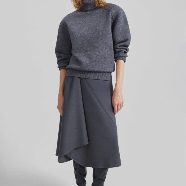 The Frankie Shop Bayel Flared Midi Skirt - Dark Grey - Oversized Minimalist Skirts in Grey - Shop at Coveti