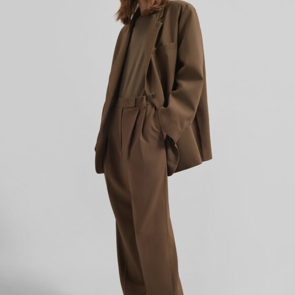 The Frankie Shop Bea Suit Pants - Chocolate - Oversized Minimalist Pants in Beige - Shop at Coveti