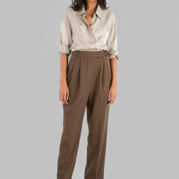 The Frankie Shop Bea Suit Pants - Chocolate - Oversized Minimalist Pants in Beige - Shop at Coveti