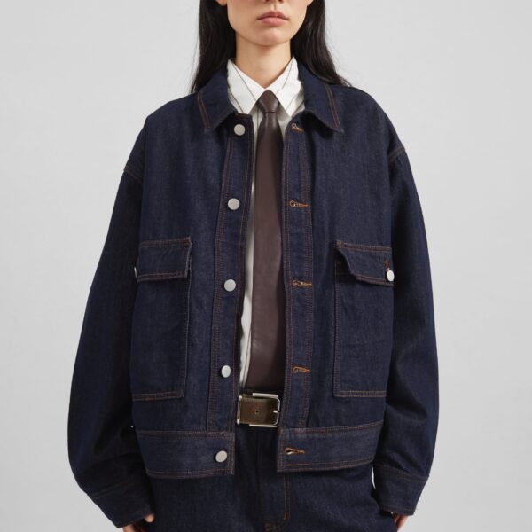 The Frankie Shop Belden Boxy Denim Jacket - Dark Wash - Oversized Minimalist Jackets in Grey - Shop at Coveti