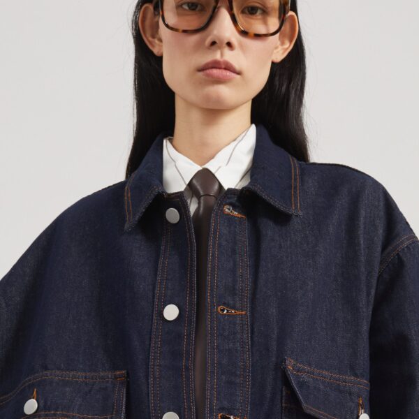The Frankie Shop Belden Boxy Denim Jacket - Dark Wash - Oversized Minimalist Jackets in Grey - Shop at Coveti