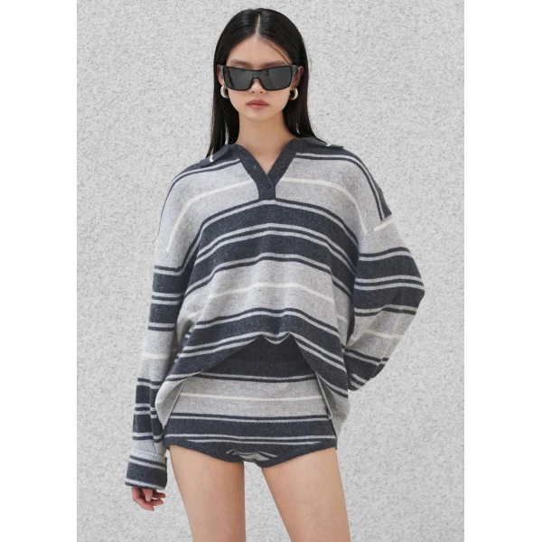The Frankie Shop Belize Knit Hot Pants – Grey Stripe, view 3