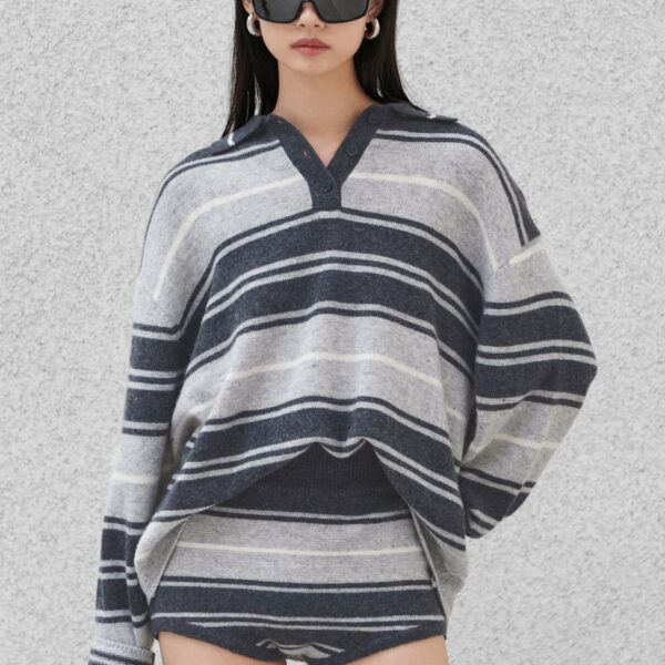 The Frankie Shop Belize Knit Hot Pants - Grey Stripe - Oversized Minimalist Shorts in Multicolour - Shop at Coveti