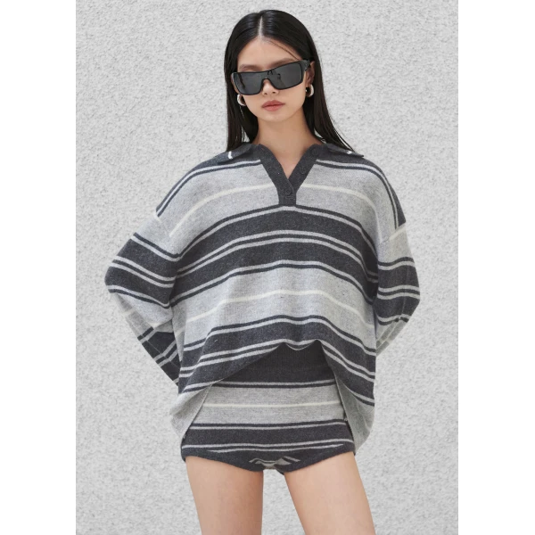 The Frankie Shop Belize Knit Polo Sweater – Grey Stripe, view 2