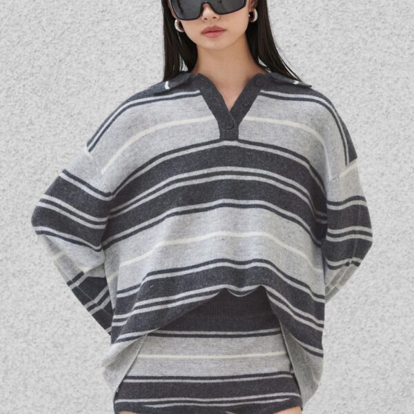 The Frankie Shop Belize Knit Polo Sweater - Grey Stripe - Oversized Minimalist Knitwear in Multicolour - Shop at Coveti