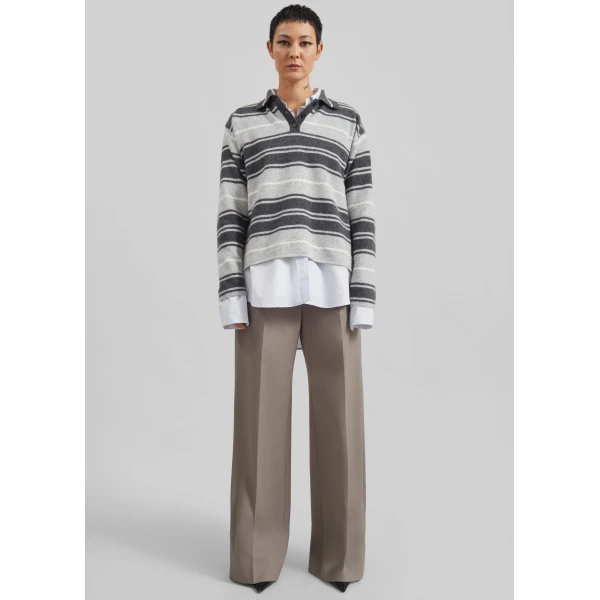 The Frankie Shop Belize Knit Polo Sweater – Grey Stripe, view 3