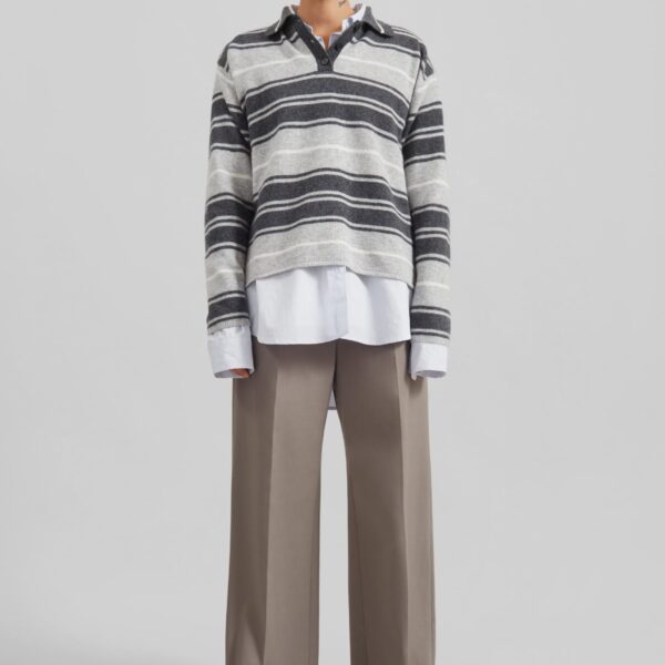The Frankie Shop Belize Knit Polo Sweater - Grey Stripe - Oversized Minimalist Knitwear in Multicolour - Shop at Coveti