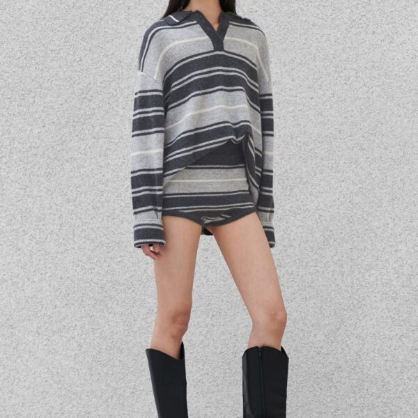 The Frankie Shop Belize Knit Polo Sweater - Grey Stripe - Oversized Minimalist Knitwear in Multicolour - Shop at Coveti
